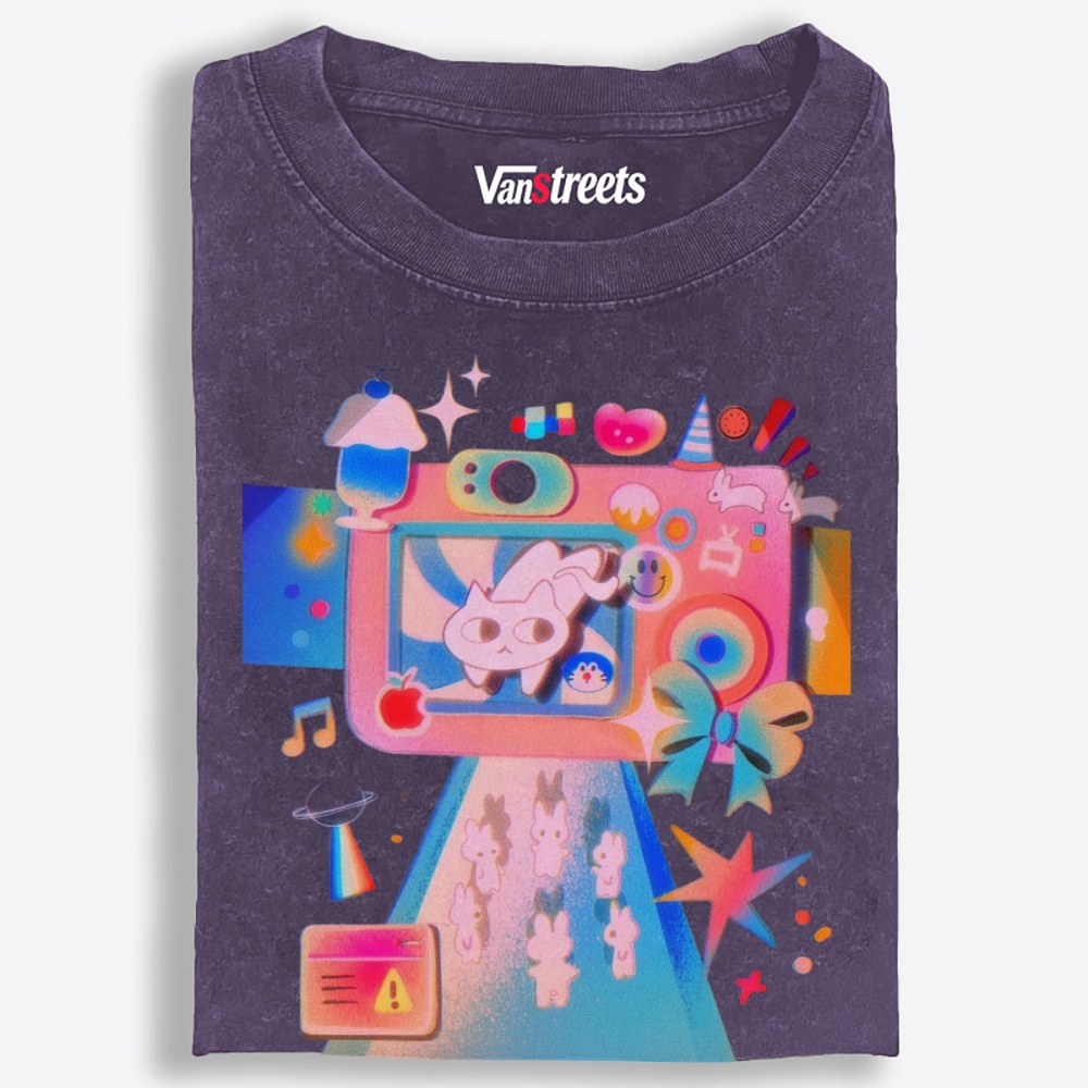 Macaron Pastel Camera Cat Retro Washed T-Shirt | 100% Cotton | Streetwear Essential