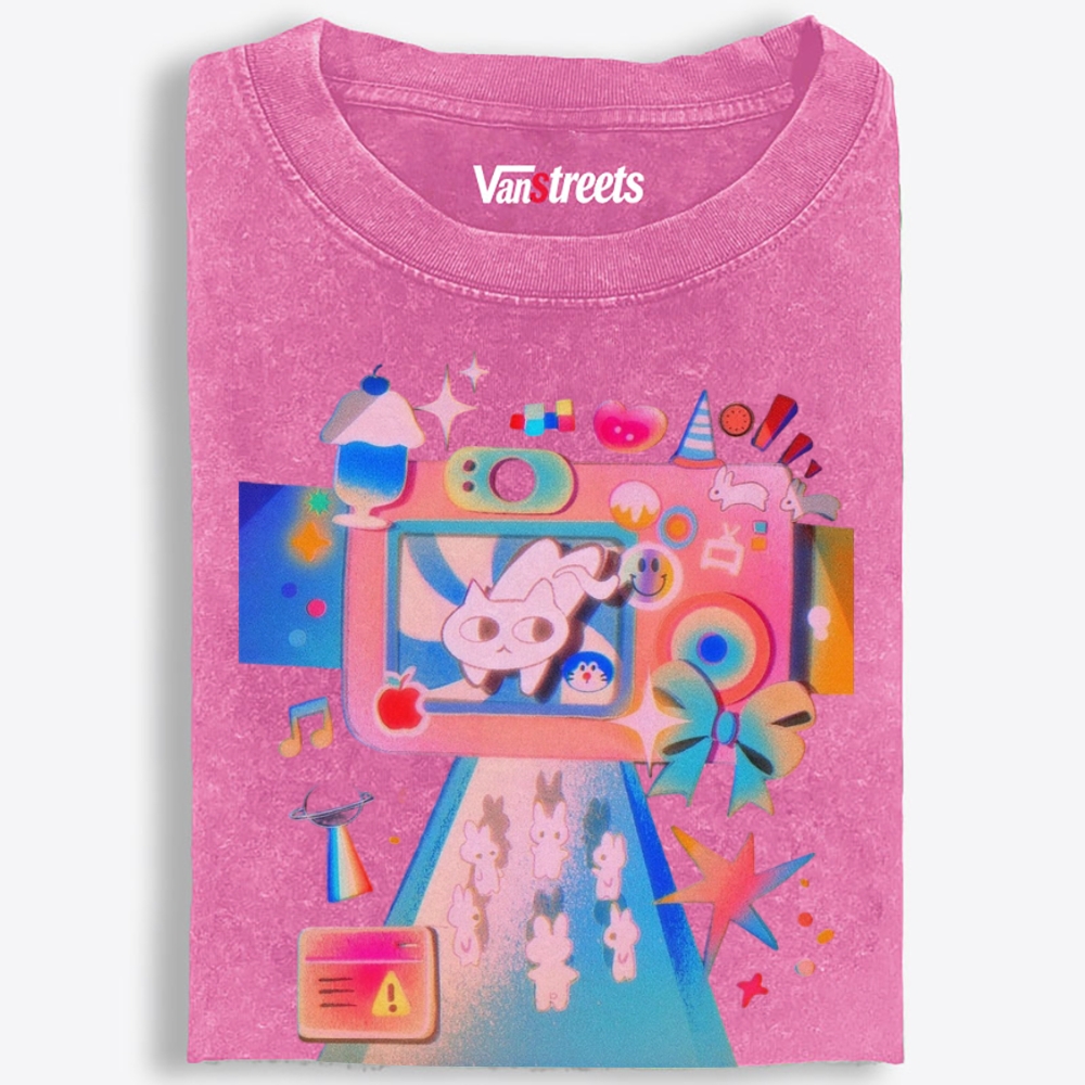 Macaron Pastel Camera Cat Retro Washed T-Shirt | 100% Cotton | Streetwear Essential