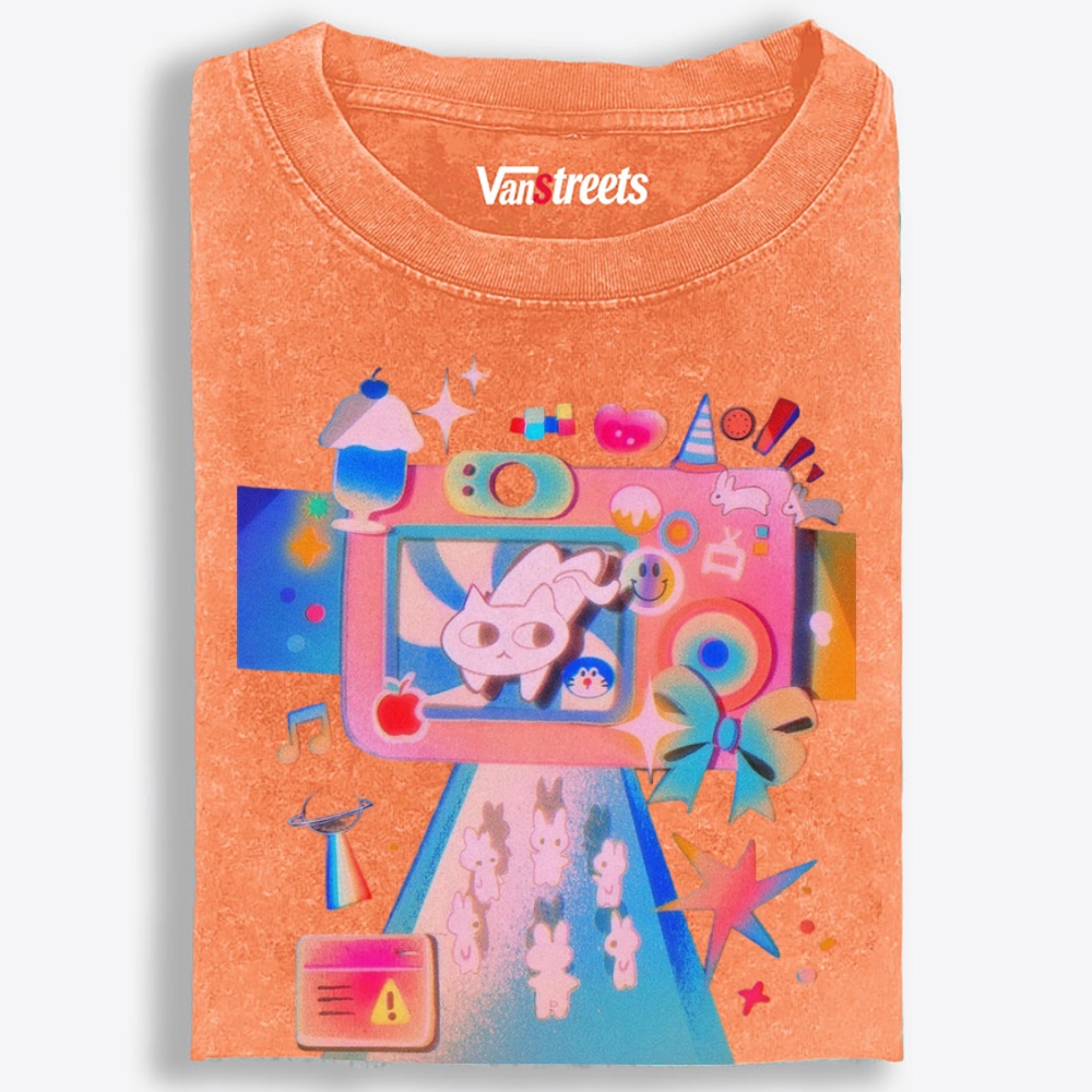 Macaron Pastel Camera Cat Retro Washed T-Shirt | 100% Cotton | Streetwear Essential