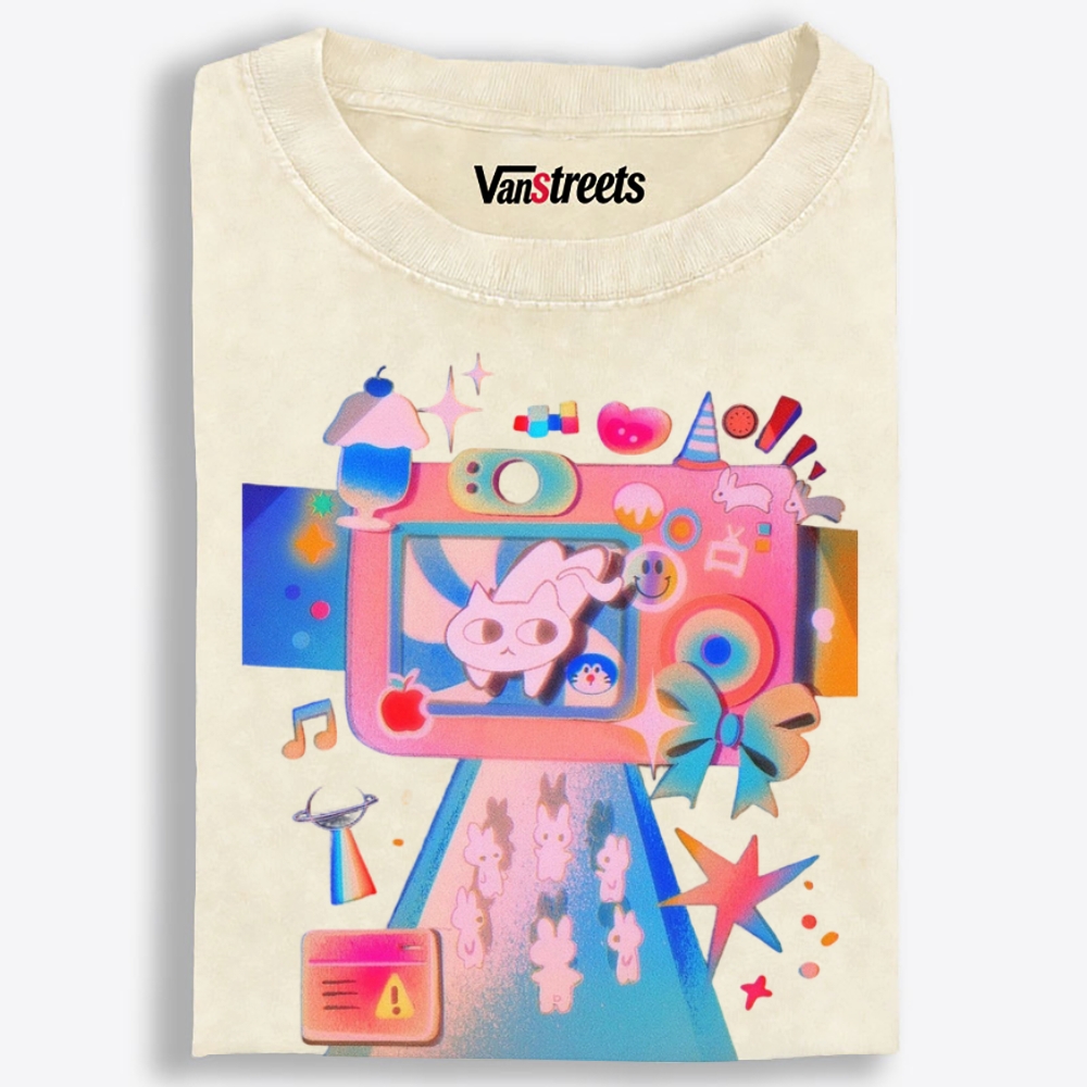 Macaron Pastel Camera Cat Retro Washed T-Shirt | 100% Cotton | Streetwear Essential
