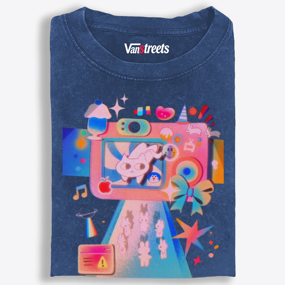 Macaron Pastel Camera Cat Retro Washed T-Shirt | 100% Cotton | Streetwear Essential