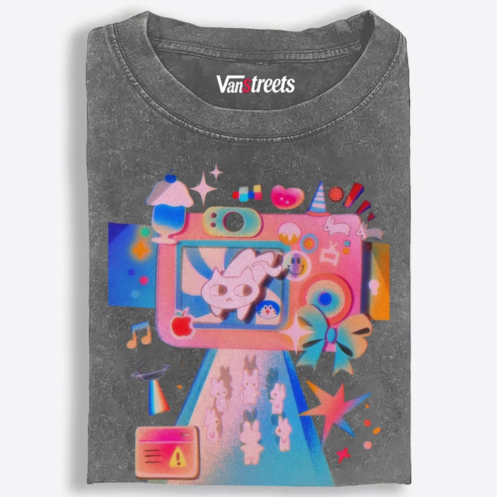Macaron Pastel Camera Cat Retro Washed T-Shirt | 100% Cotton | Streetwear Essential