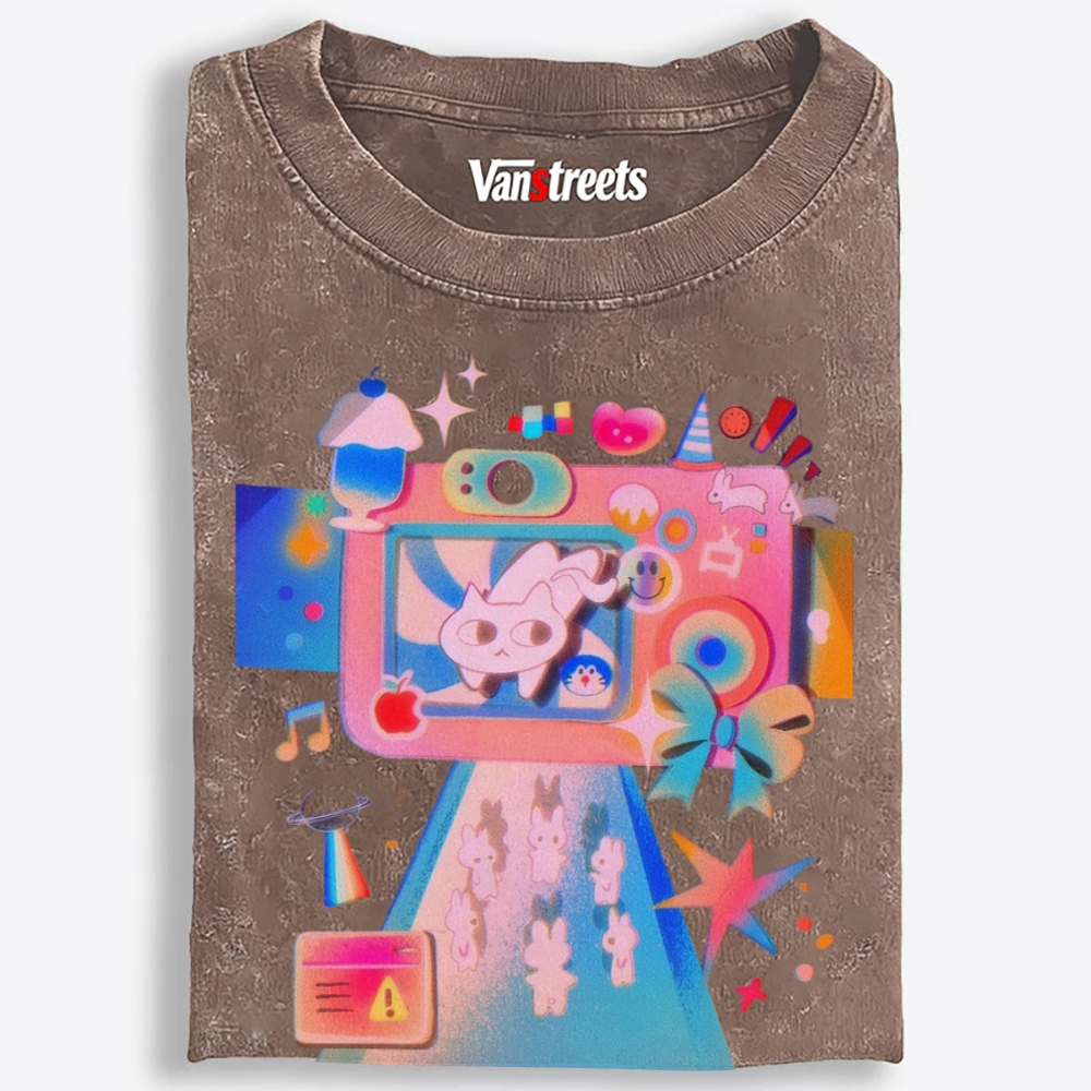 Macaron Pastel Camera Cat Retro Washed T-Shirt | 100% Cotton | Streetwear Essential