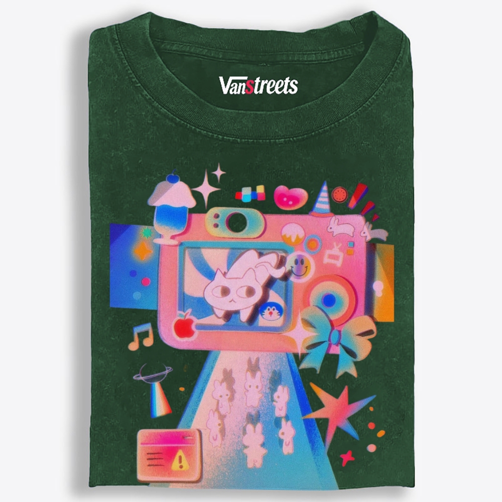 Macaron Pastel Camera Cat Retro Washed T-Shirt | 100% Cotton | Streetwear Essential
