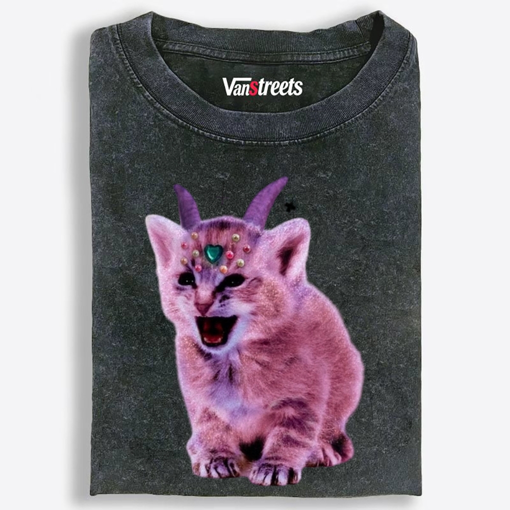 Gem Horned Pink Demon Cat Retro Washed T-Shirt | 100% Cotton | Streetwear Essential