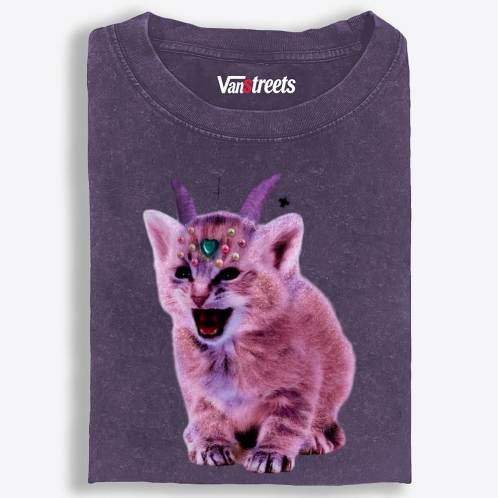 Gem Horned Pink Demon Cat Retro Washed T-Shirt | 100% Cotton | Streetwear Essential