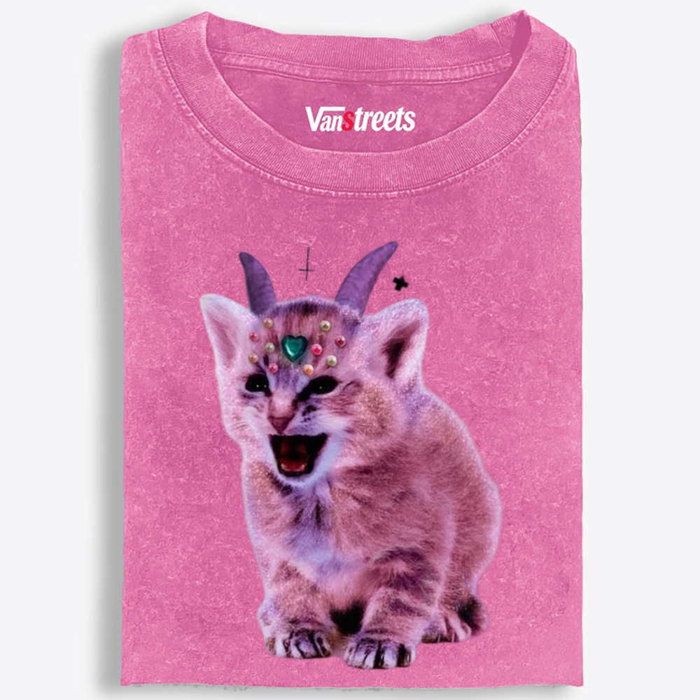 Gem Horned Pink Demon Cat Retro Washed T-Shirt | 100% Cotton | Streetwear Essential