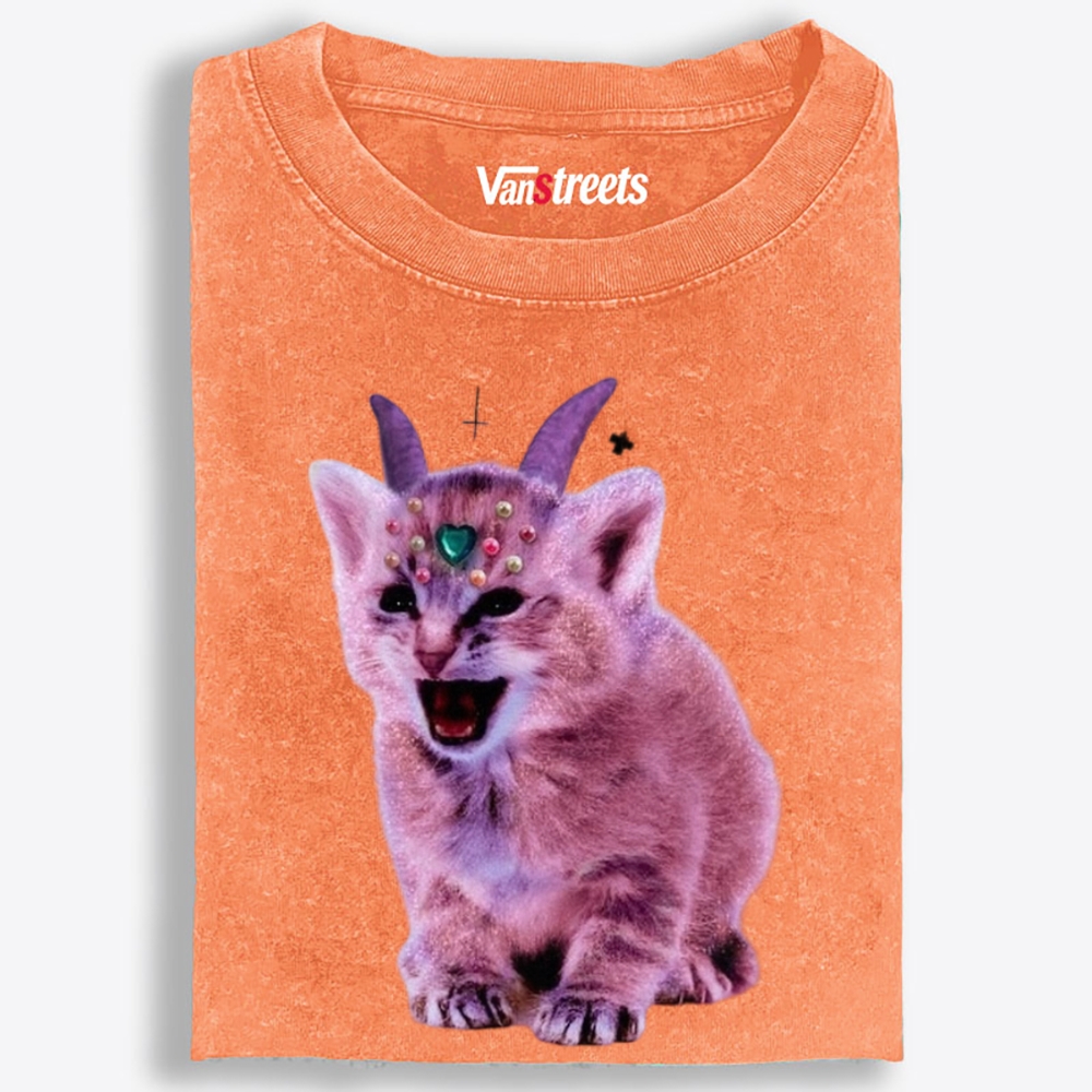 Gem Horned Pink Demon Cat Retro Washed T-Shirt | 100% Cotton | Streetwear Essential