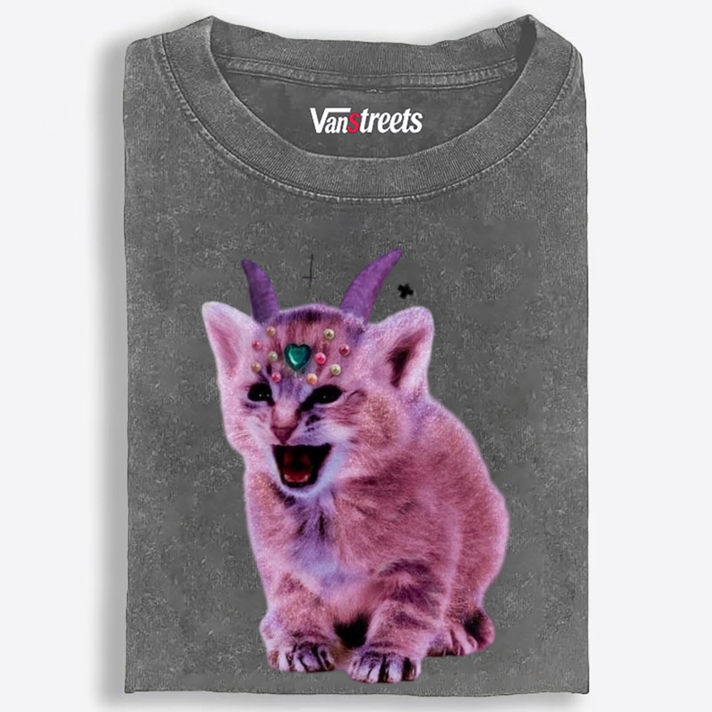 Gem Horned Pink Demon Cat Retro Washed T-Shirt | 100% Cotton | Streetwear Essential