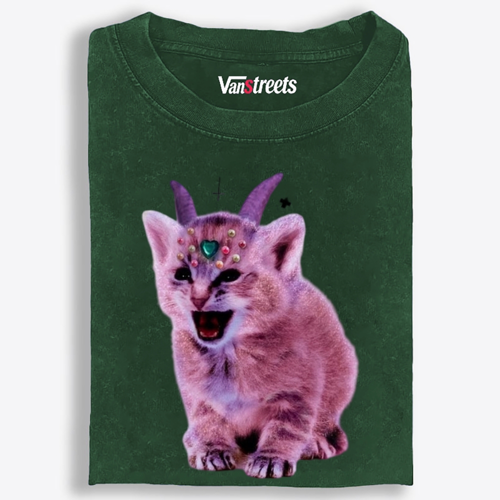 Gem Horned Pink Demon Cat Retro Washed T-Shirt | 100% Cotton | Streetwear Essential