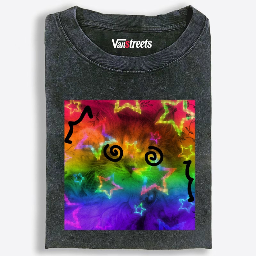Rainbow Trippy Spiral Eye Cat Retro Washed T-Shirt | 100% Cotton | Streetwear Essential