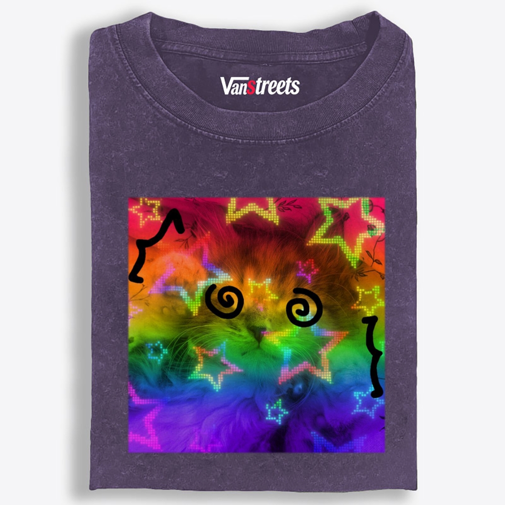 Rainbow Trippy Spiral Eye Cat Retro Washed T-Shirt | 100% Cotton | Streetwear Essential