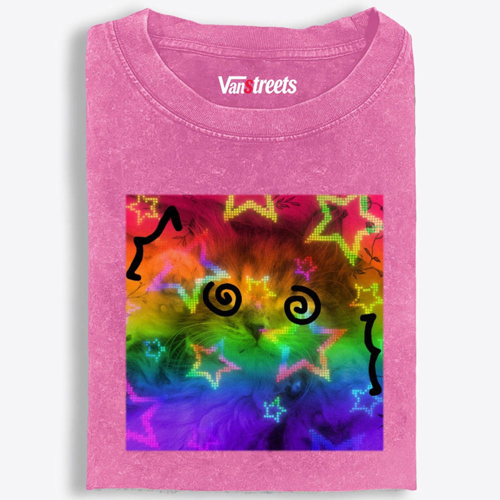 Rainbow Trippy Spiral Eye Cat Retro Washed T-Shirt | 100% Cotton | Streetwear Essential