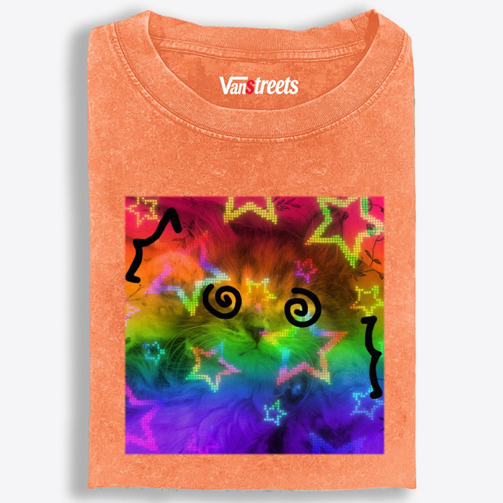 Rainbow Trippy Spiral Eye Cat Retro Washed T-Shirt | 100% Cotton | Streetwear Essential