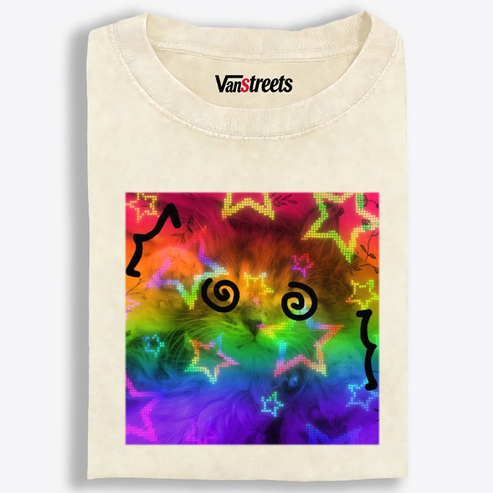 Rainbow Trippy Spiral Eye Cat Retro Washed T-Shirt | 100% Cotton | Streetwear Essential