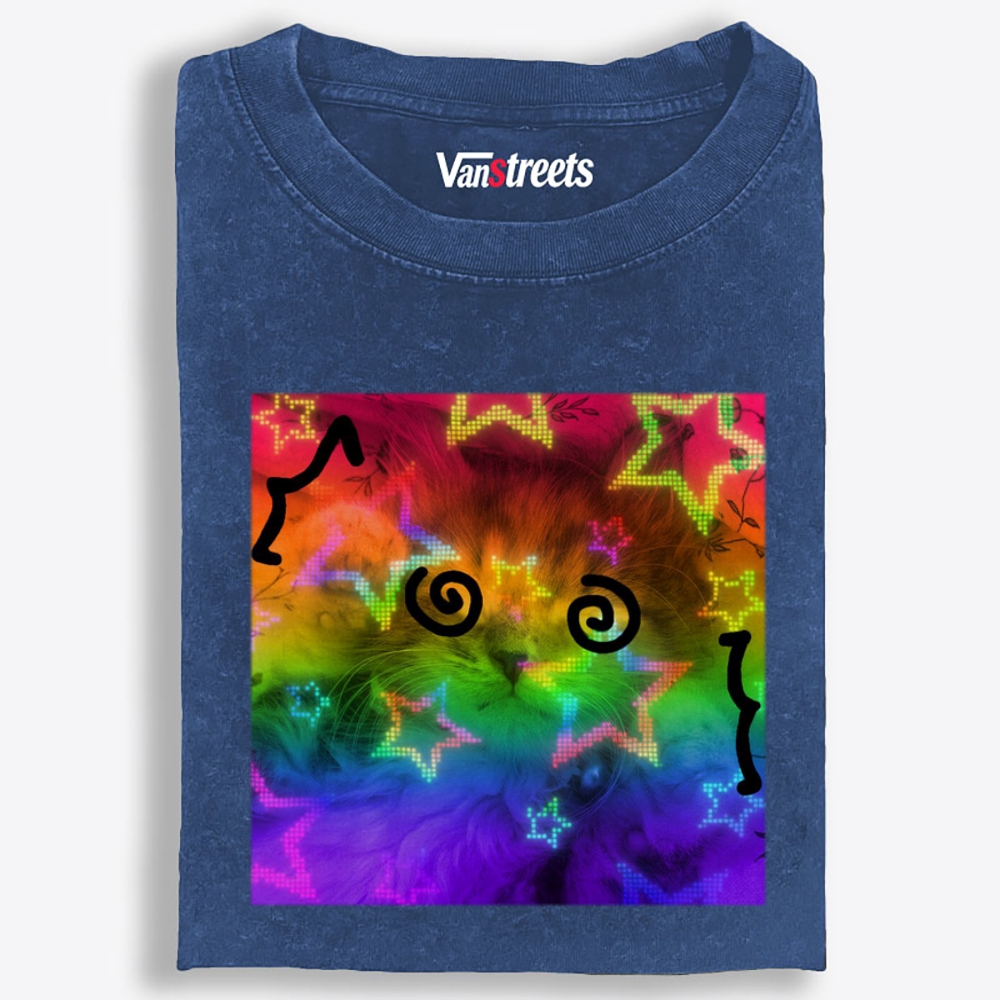 Rainbow Trippy Spiral Eye Cat Retro Washed T-Shirt | 100% Cotton | Streetwear Essential