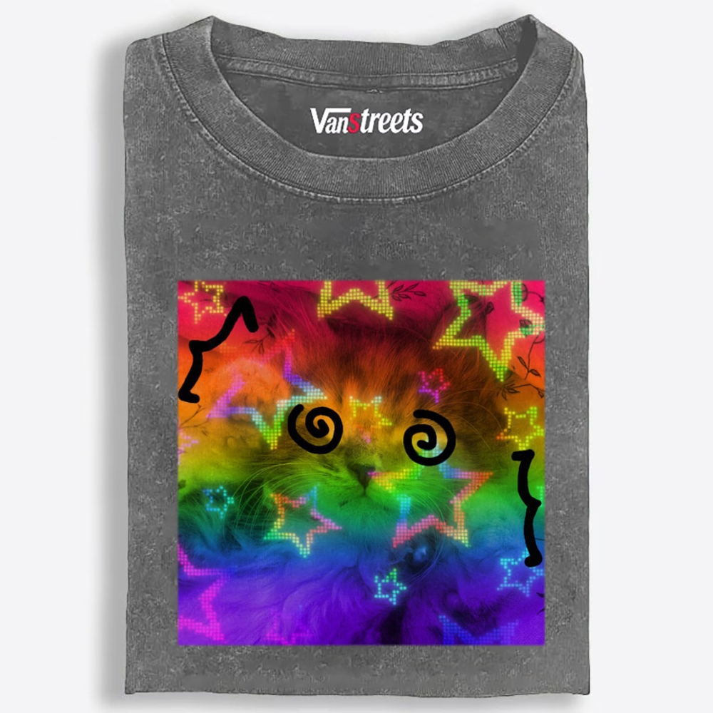 Rainbow Trippy Spiral Eye Cat Retro Washed T-Shirt | 100% Cotton | Streetwear Essential