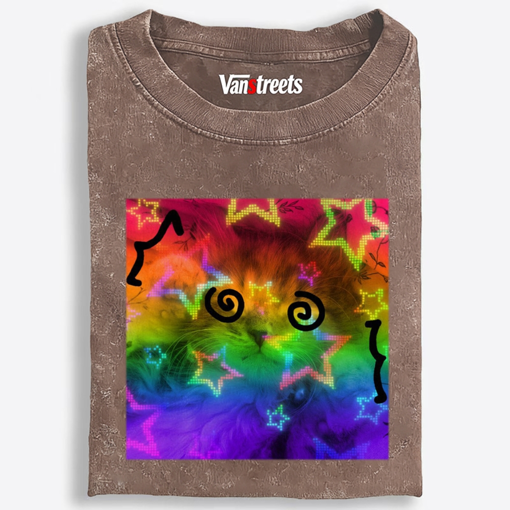 Rainbow Trippy Spiral Eye Cat Retro Washed T-Shirt | 100% Cotton | Streetwear Essential