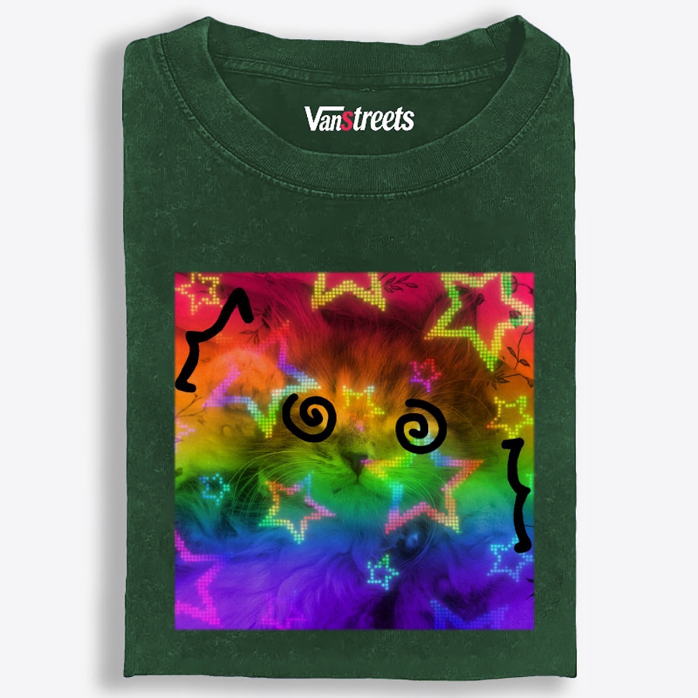 Rainbow Trippy Spiral Eye Cat Retro Washed T-Shirt | 100% Cotton | Streetwear Essential