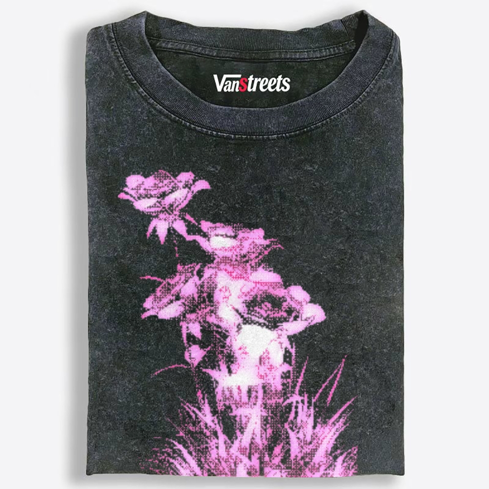 Dark Grunge Dotted Hot Pink Roses Retro Washed T-Shirt | 100% Cotton | Streetwear Essential