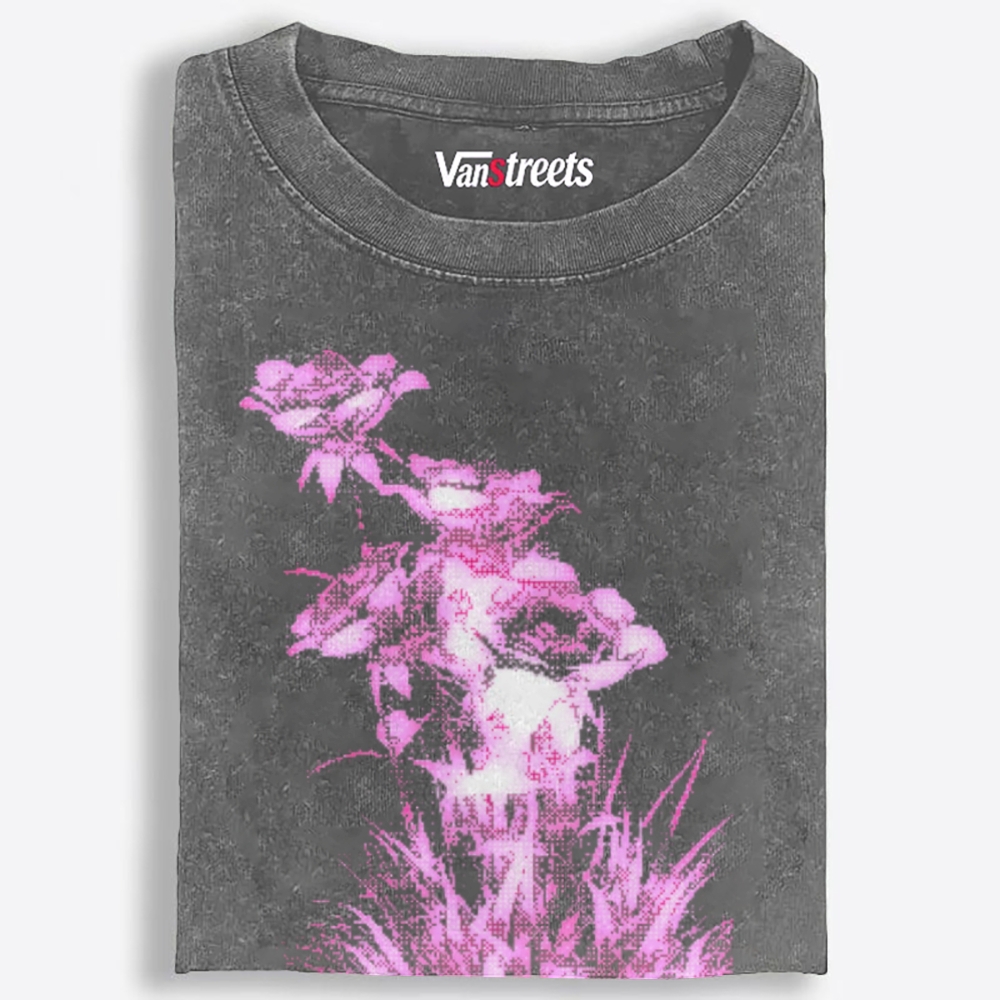 Dark Grunge Dotted Hot Pink Roses Retro Washed T-Shirt | 100% Cotton | Streetwear Essential