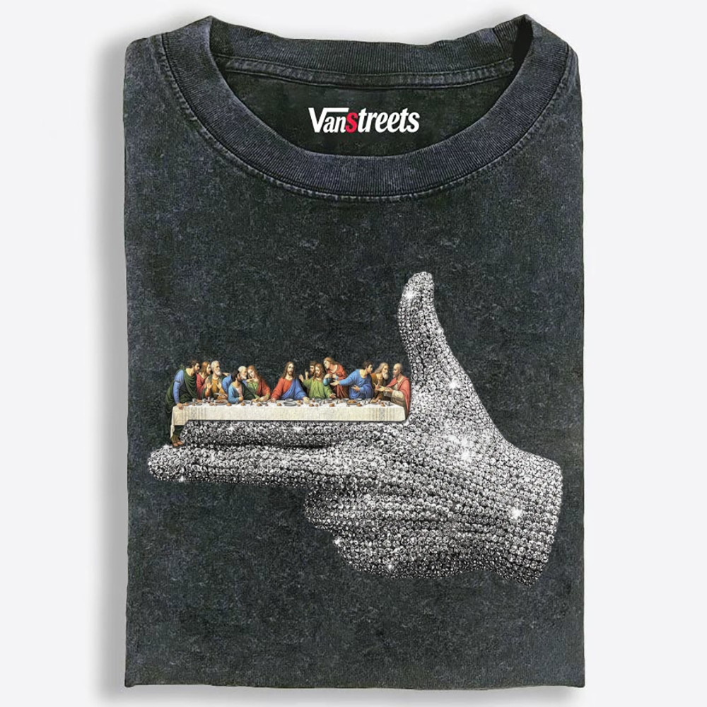 Bling Hand Holding Last Supper Art Retro Washed T-Shirt | 100% Cotton | Streetwear Essential