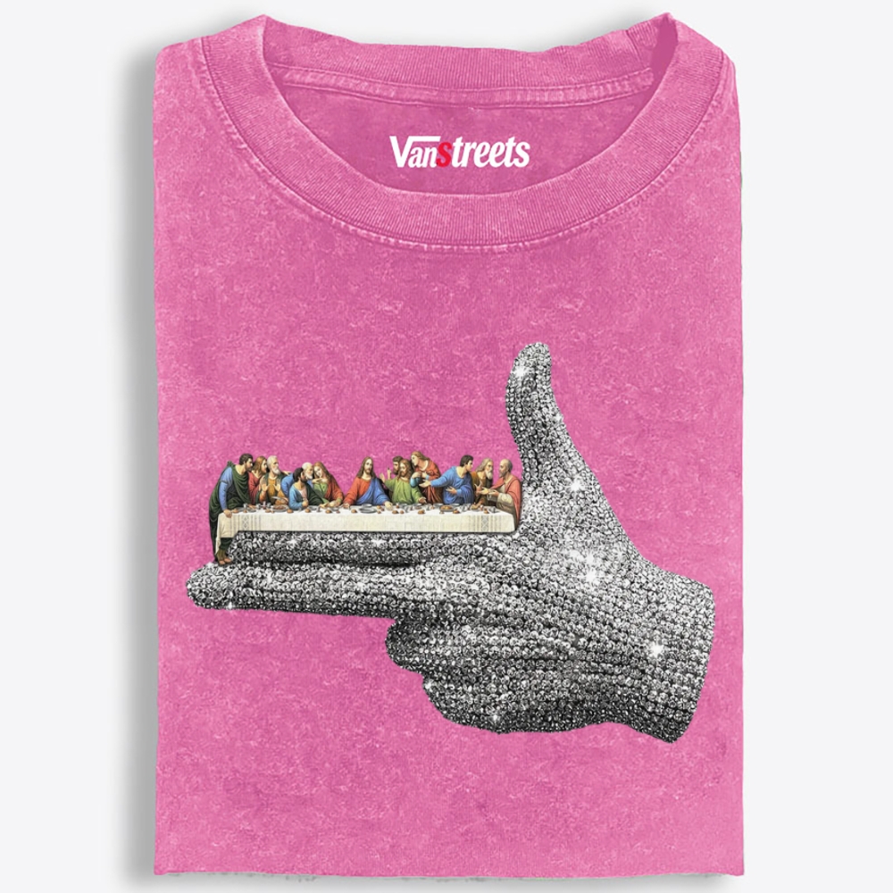 Bling Hand Holding Last Supper Art Retro Washed T-Shirt | 100% Cotton | Streetwear Essential