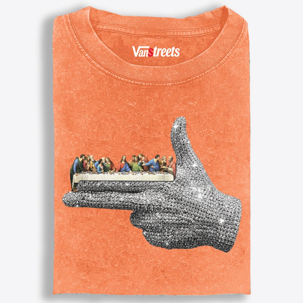 Bling Hand Holding Last Supper Art Retro Washed T-Shirt | 100% Cotton | Streetwear Essential