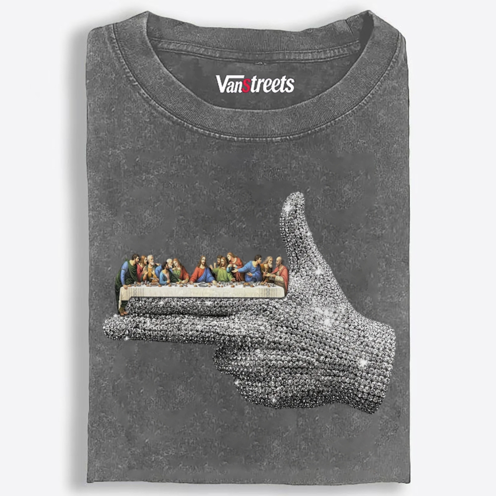 Bling Hand Holding Last Supper Art Retro Washed T-Shirt | 100% Cotton | Streetwear Essential
