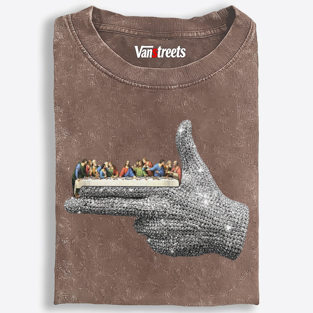 Bling Hand Holding Last Supper Art Retro Washed T-Shirt | 100% Cotton | Streetwear Essential