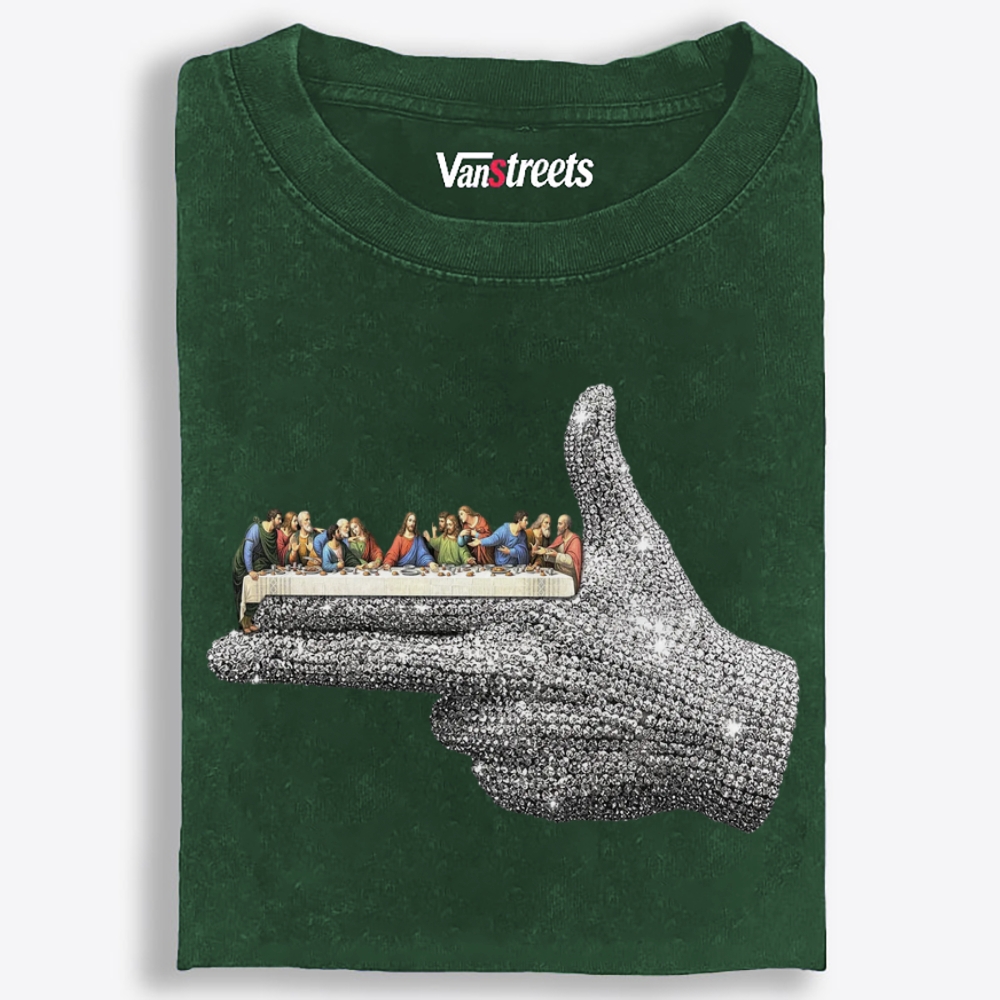 Bling Hand Holding Last Supper Art Retro Washed T-Shirt | 100% Cotton | Streetwear Essential
