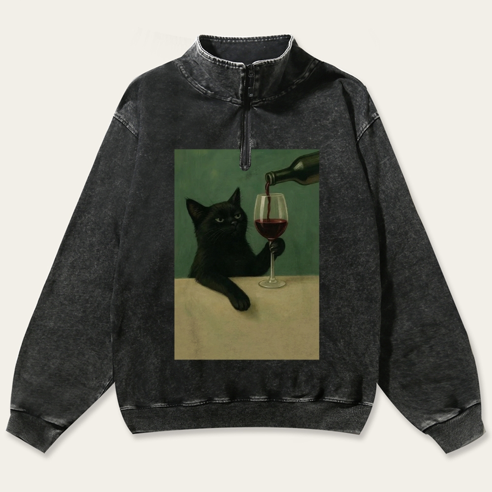 Black Cat with Wine Retro Washed Zip-Up Mock Neck Sweatshirt