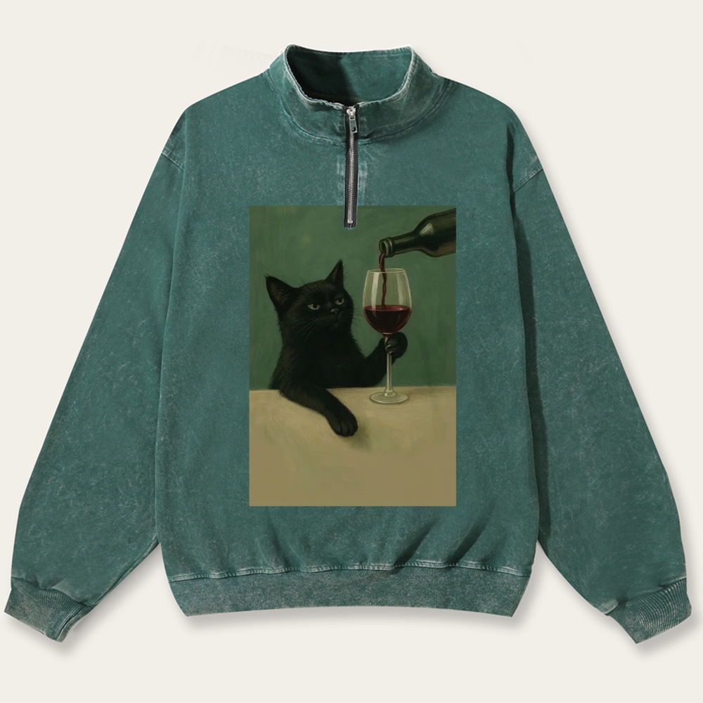 Black Cat with Wine Retro Washed Zip-Up Mock Neck Sweatshirt