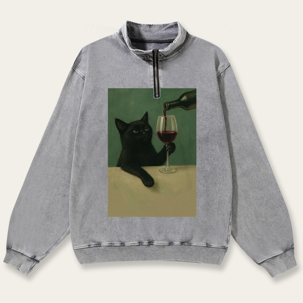 Black Cat with Wine Retro Washed Zip-Up Mock Neck Sweatshirt