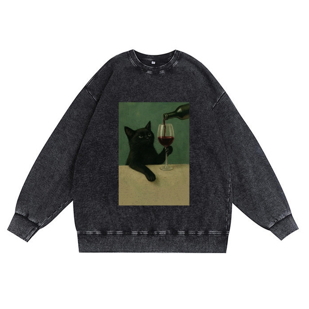 Black Cat with Wine Retro Premium Washed Cotton Crewneck Sweatshirt