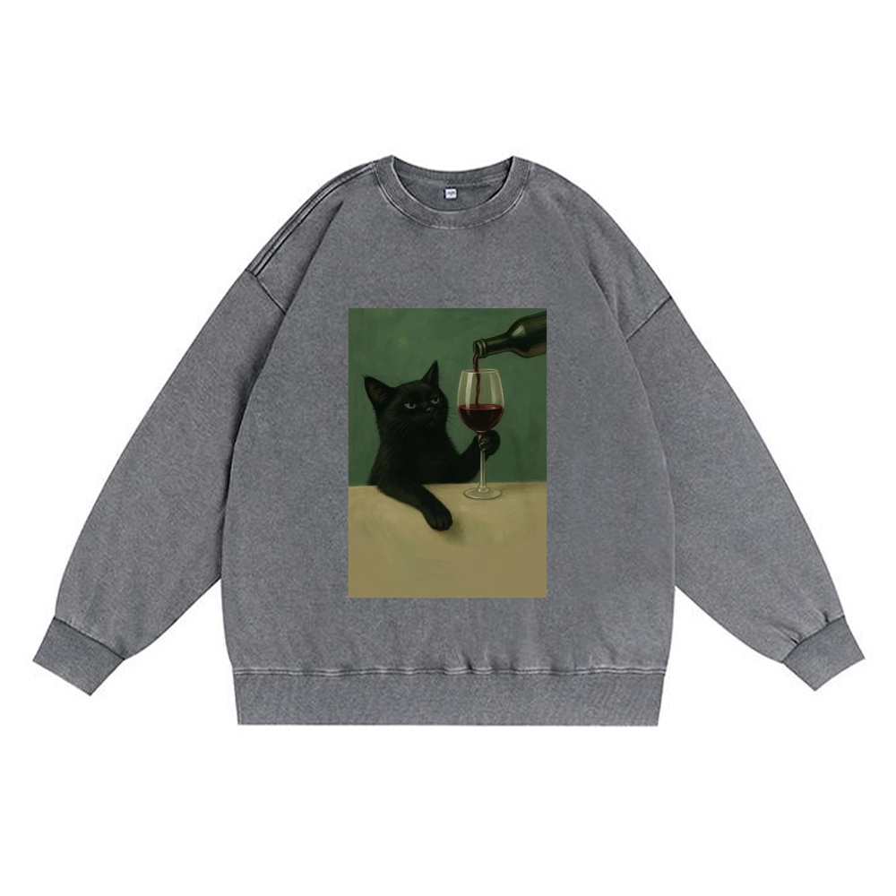 Black Cat with Wine Retro Premium Washed Cotton Crewneck Sweatshirt