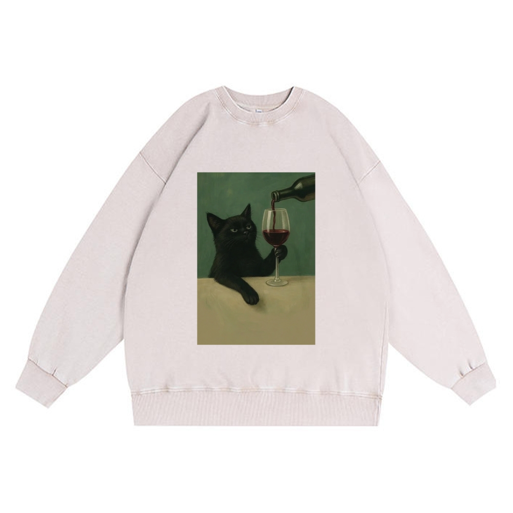 Black Cat with Wine Retro Premium Washed Cotton Crewneck Sweatshirt