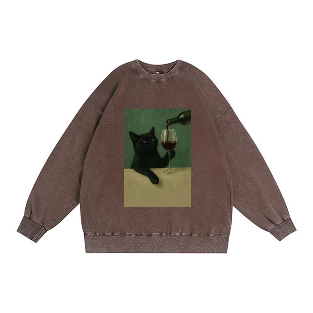 Black Cat with Wine Retro Premium Washed Cotton Crewneck Sweatshirt