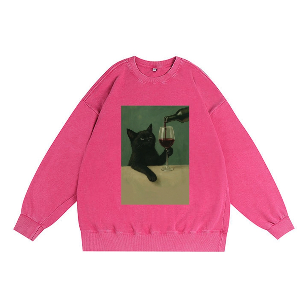 Black Cat with Wine Retro Premium Washed Cotton Crewneck Sweatshirt