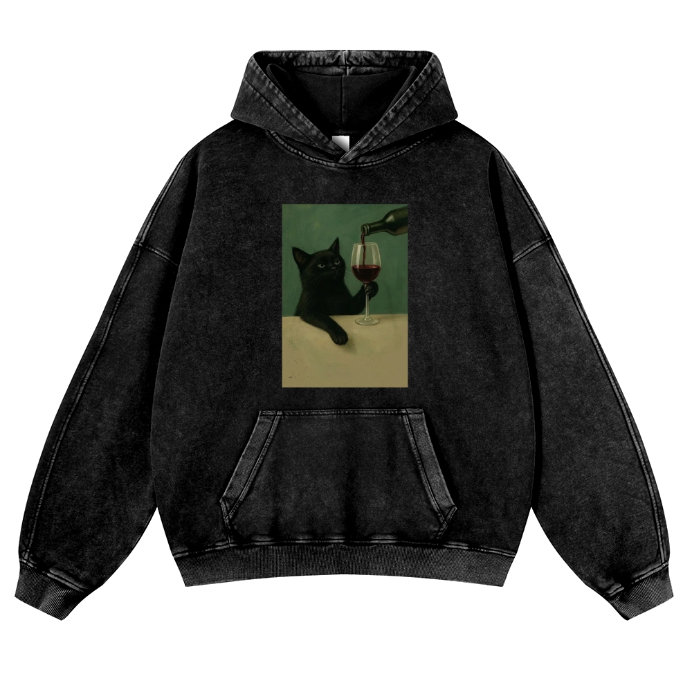 Black Cat with Wine Retro Washed Hoodie