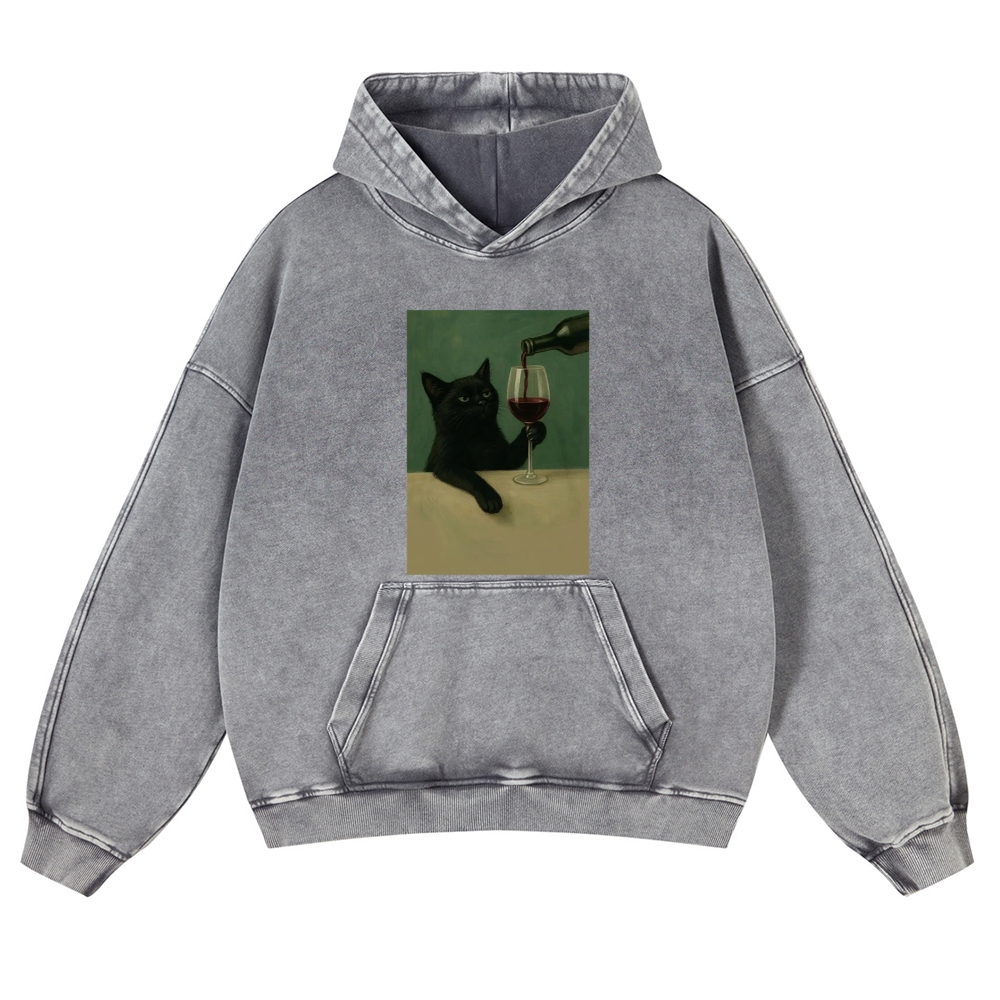 Black Cat with Wine Retro Washed Hoodie