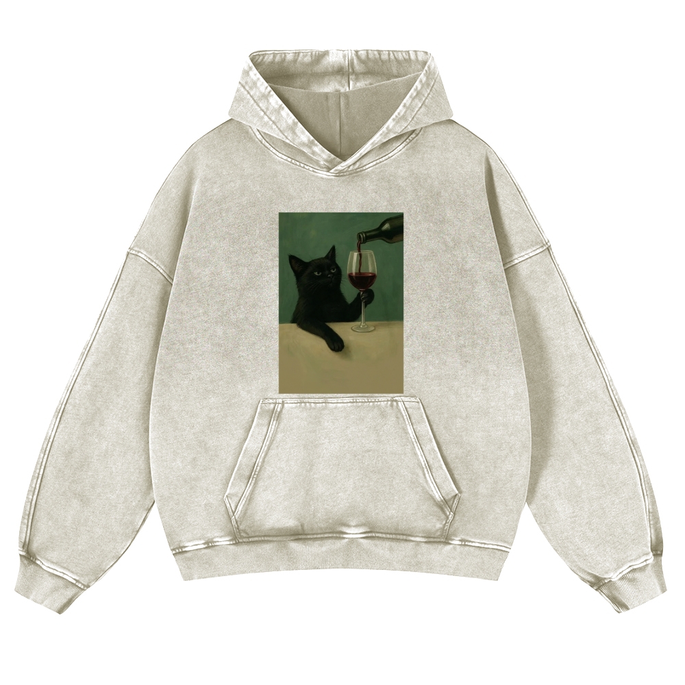 Black Cat with Wine Retro Washed Hoodie