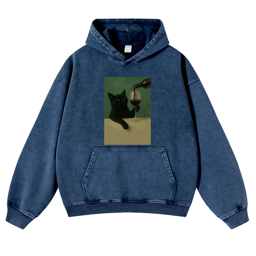 Black Cat with Wine Retro Washed Hoodie