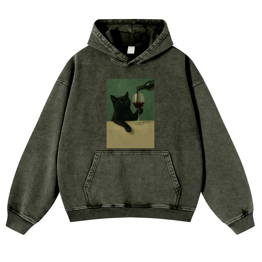 Black Cat with Wine Retro Washed Hoodie