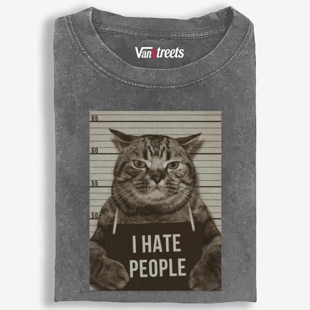 Cat Mugshot "I HATE PEOPLE" Meme Retro Washed T-Shirt | 100% Cotton | Streetwear Essential