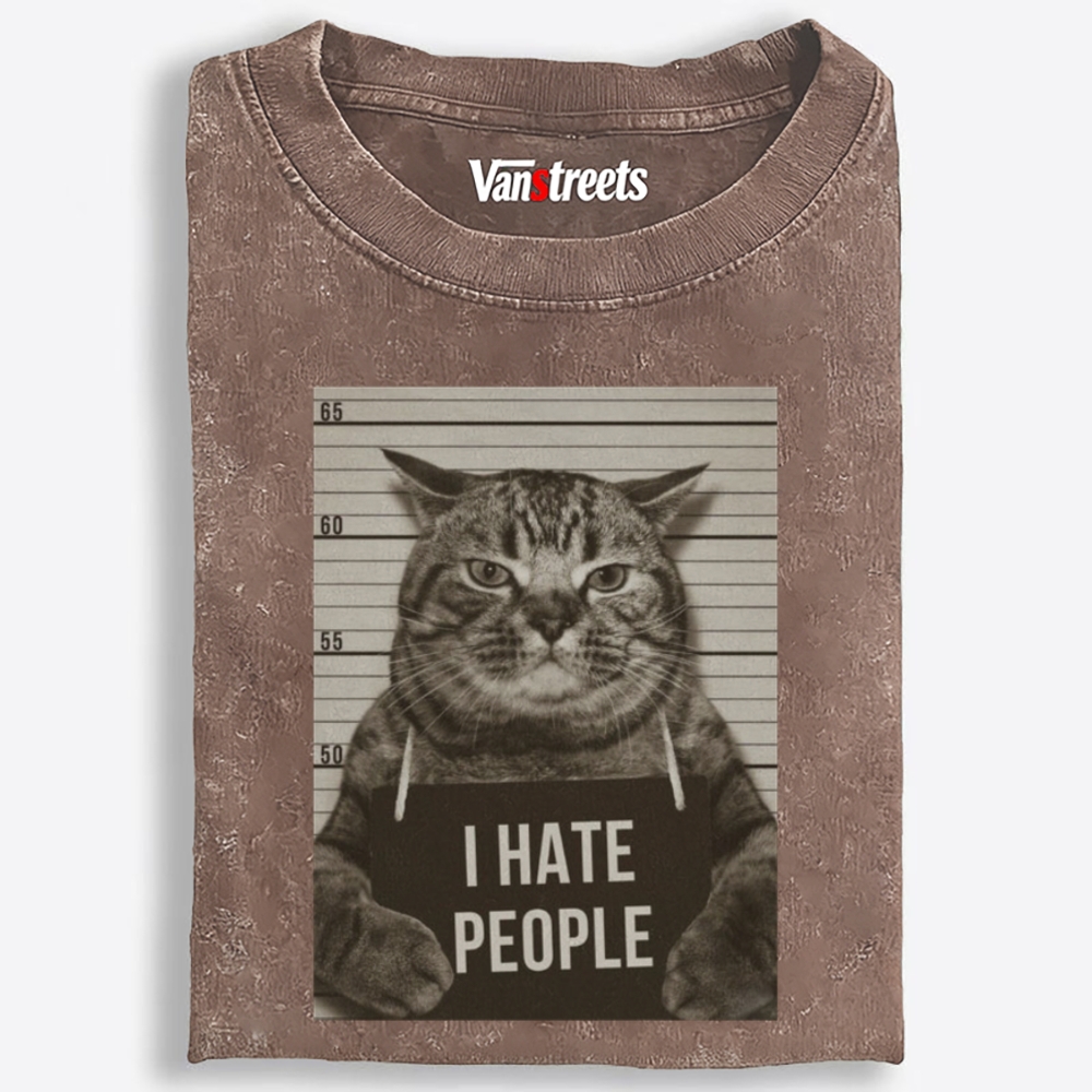Cat Mugshot "I HATE PEOPLE" Meme Retro Washed T-Shirt | 100% Cotton | Streetwear Essential