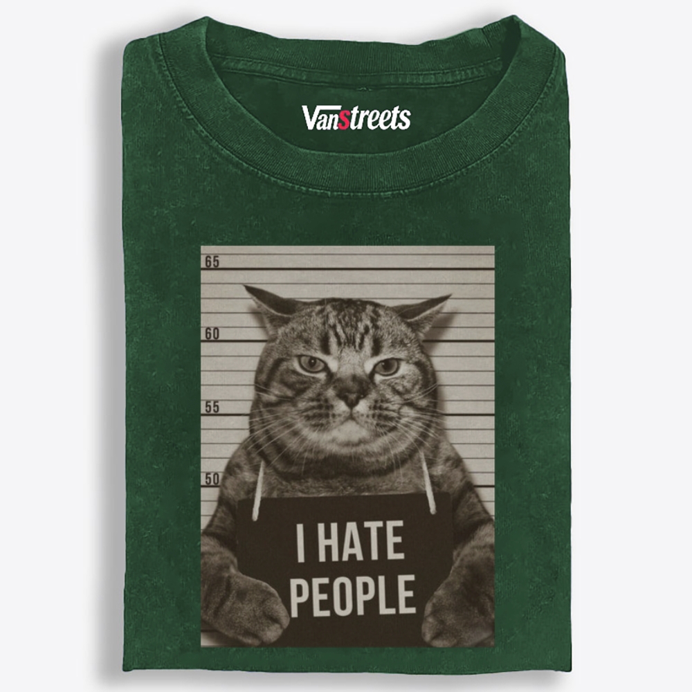 Cat Mugshot "I HATE PEOPLE" Meme Retro Washed T-Shirt | 100% Cotton | Streetwear Essential