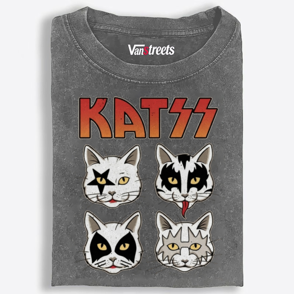 KATSS Rock Cat Faces Retro Washed T-Shirt | 100% Cotton | Streetwear Essential