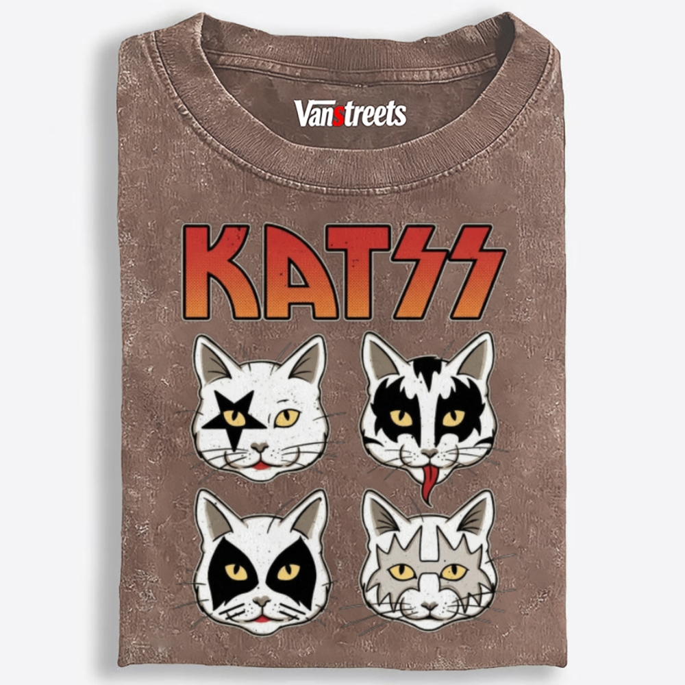 KATSS Rock Cat Faces Retro Washed T-Shirt | 100% Cotton | Streetwear Essential