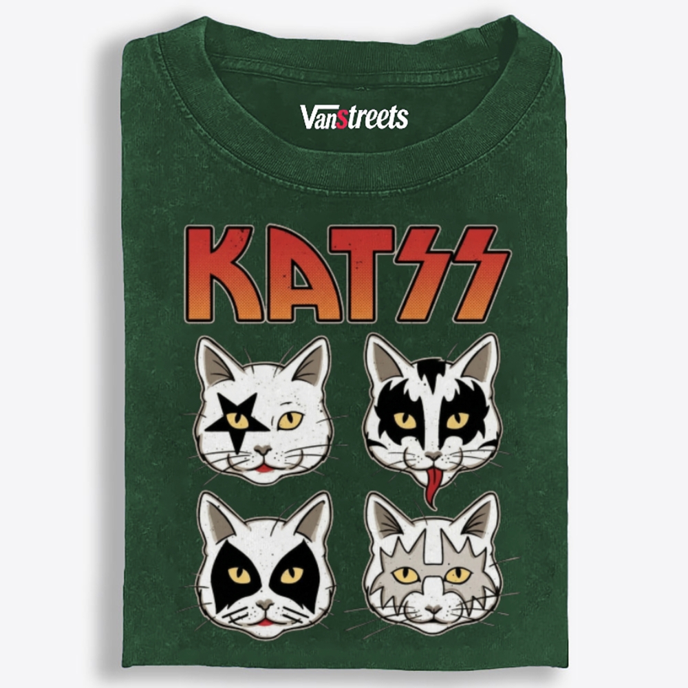 KATSS Rock Cat Faces Retro Washed T-Shirt | 100% Cotton | Streetwear Essential